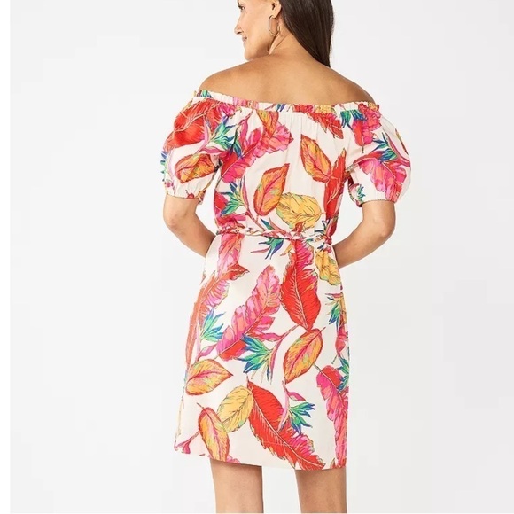 Nine West Off Shoulder Short Puff Sleeve Belted Tropical Floral Print Dress M - Picture 5 of 12